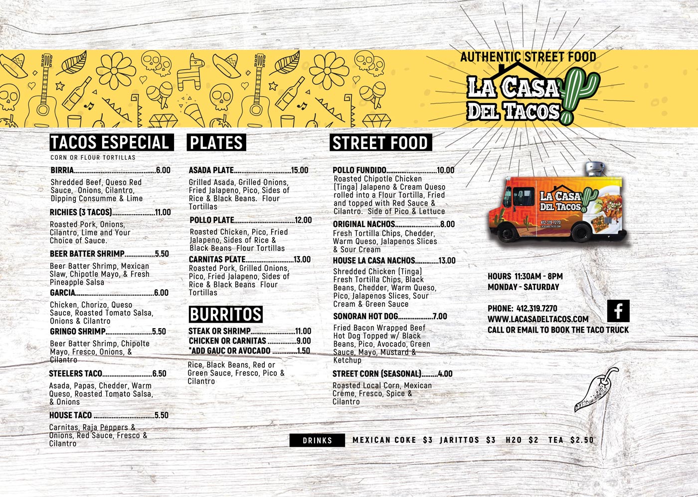 Back menu for La Casa Del Tacos Bridgeville PA authentic Mexican street food taco truck.