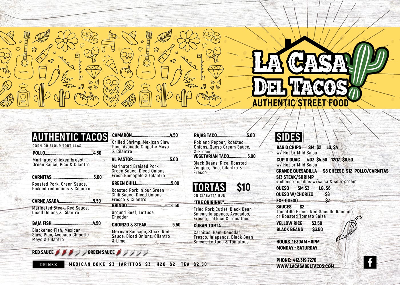 Front menu for La Casa Del Tacos Bridgeville PA authentic Mexican street food taco truck.