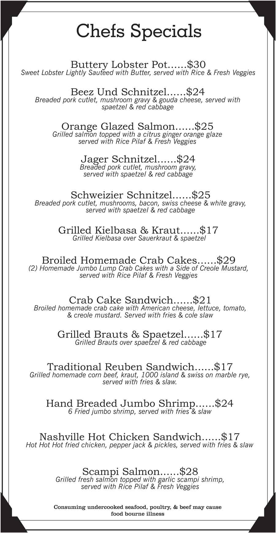 Beez Bistro Chef specials october 2024