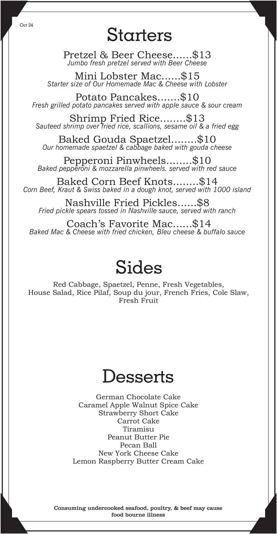 Beez Bistro Chef specials october 2024