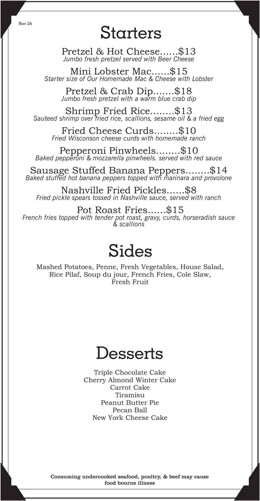 Beez Bistro November 2024 Chef Specials