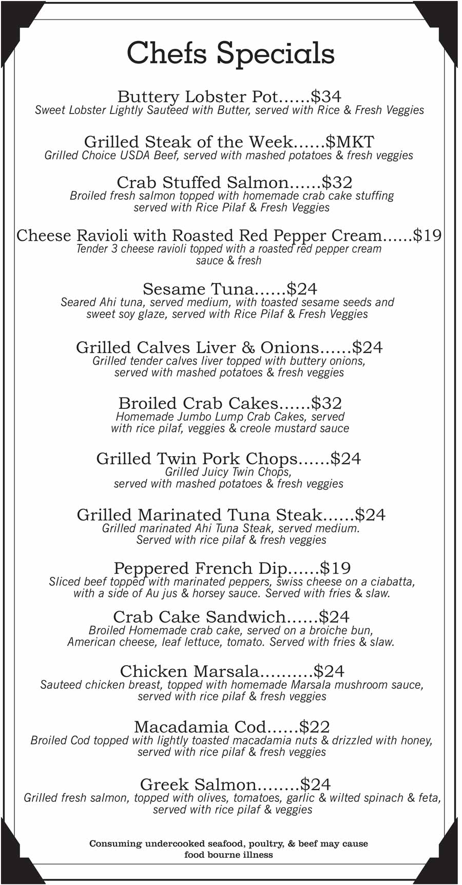 Bee'z Bistro & Pub menu features chef's specials: seafood, pasta, steak, and meat dishes.