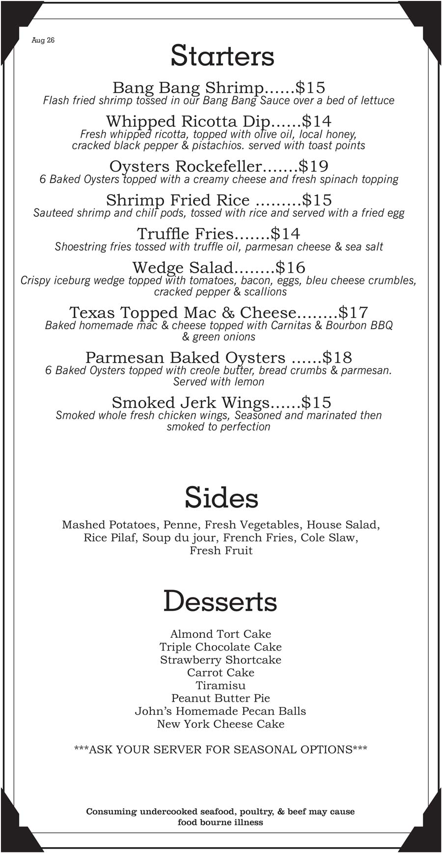 Explore the bee’z bistro & pub menu featuring Bang Bang Shrimp, Wedge Salad, and Truffle Fries.