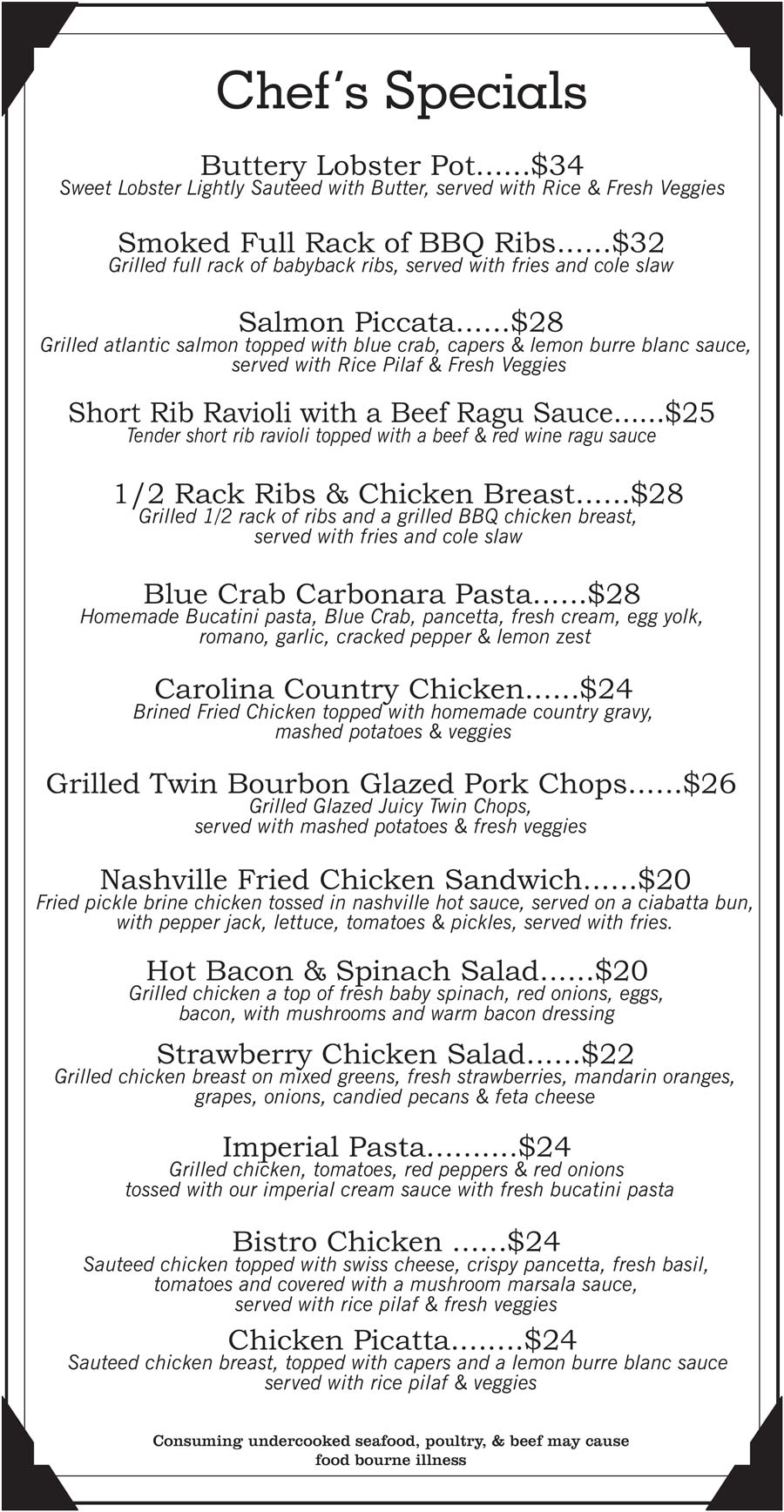 Bee’z Bistro & Pub menu features Chef Specials: lobster, ribs, pasta, chicken, all with prices.