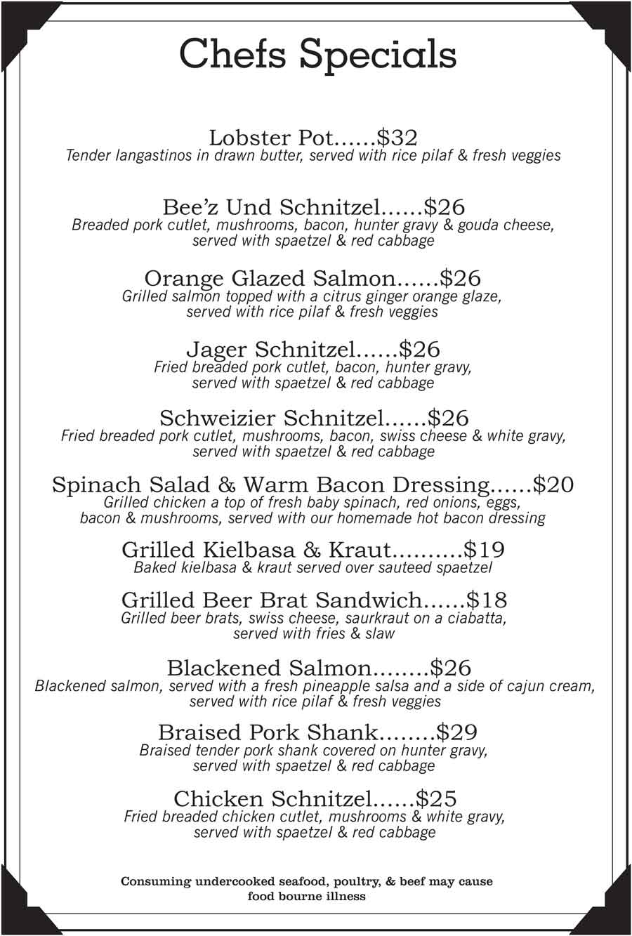 A bee’z bistro & pub menu featuring Chef’s Specials of seafood and schnitzel dishes with prices.