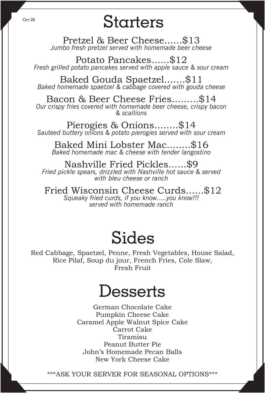 Discover the bee’z bistro & pub menu with starters like Pretzel & Beer Cheese, fries, and salad.